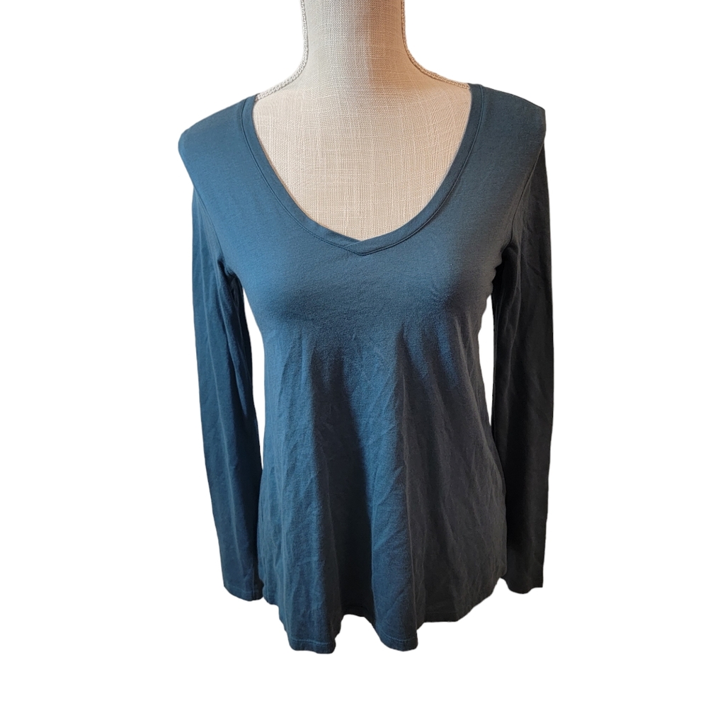 Garnet Hill Teal Blue Long Sleeve V-Neck Tee, XS